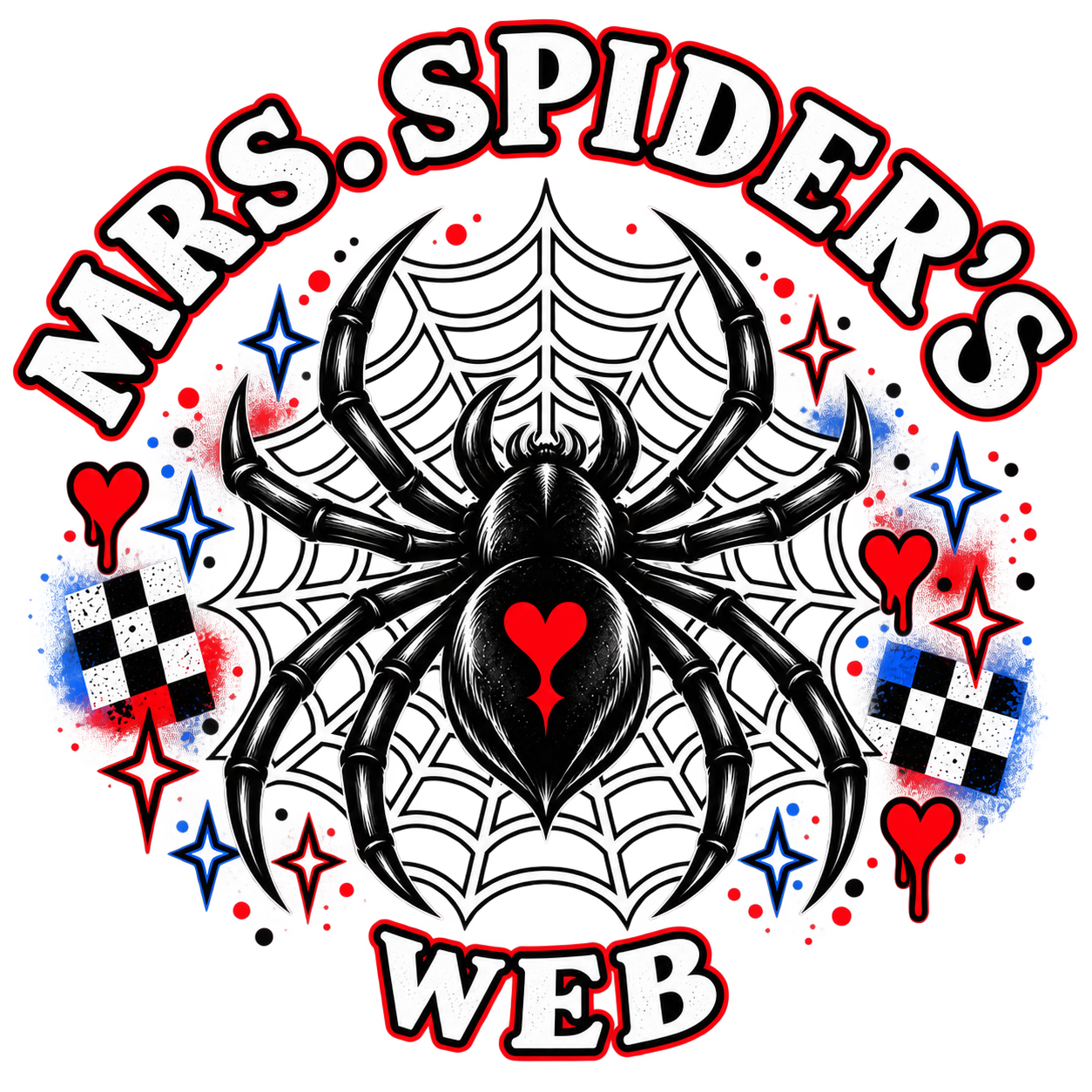 Mrs. Spider's Web logo with a heart-backed spider, web, hearts, stars, and checker details